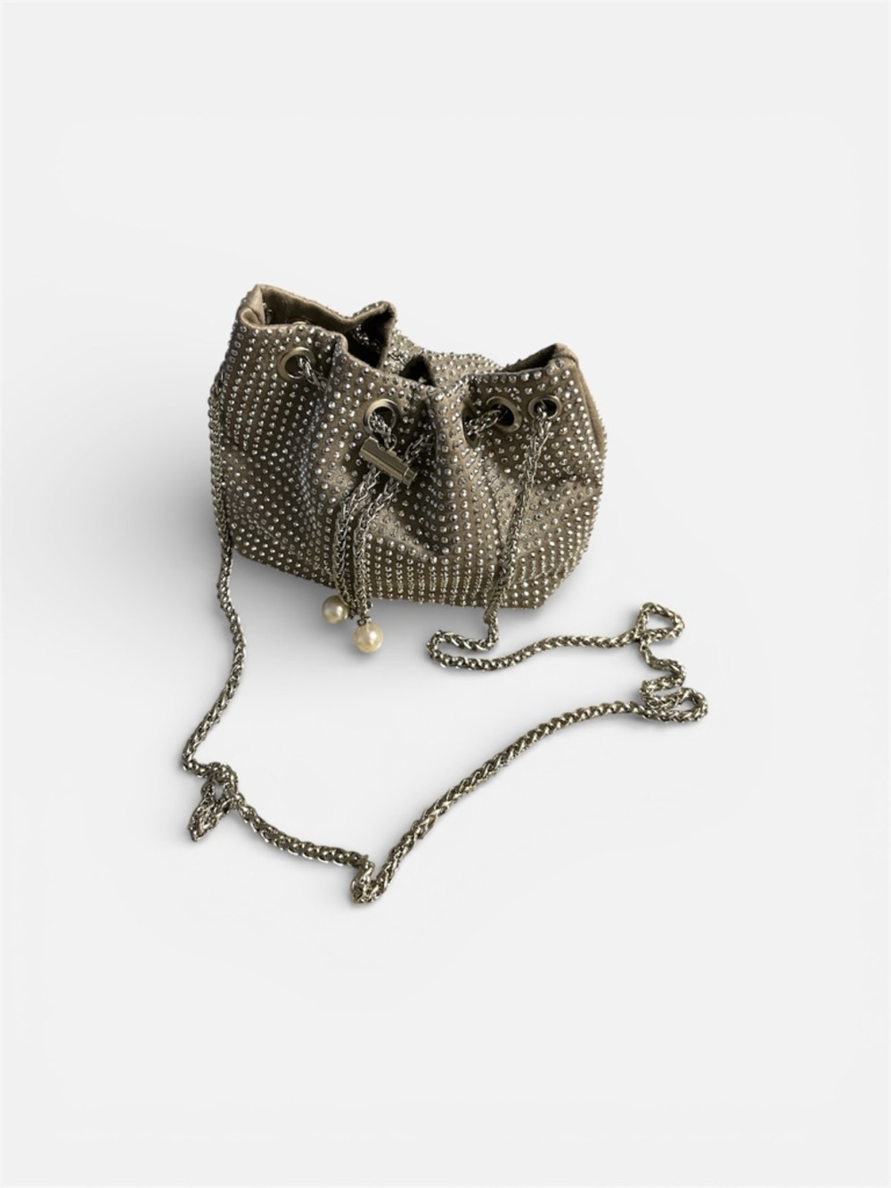 Studded Drawstring Crossbody Bag - Silver